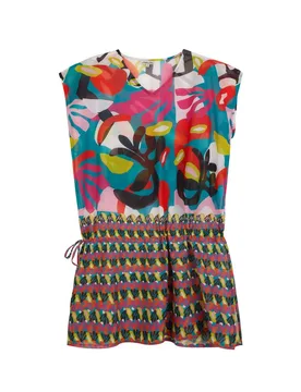 Vestido de playa de mujer corto con estampado geométrico y lazo para fruncir la cintura - Dolores Cortés - FashionsVida