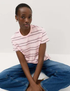 Pure Cotton Striped T-Shirt Pink Mix female - M&S - FashionsVida