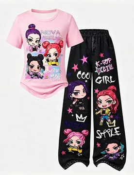 Conjunto de 2 piezas estilo grupal para niñas preadolescentes, top de manga corta color púrpura claro con estampado Sweet & Cool Girl en toda la pre - Shein - FashionsVida