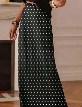 Falda larga de línea A con lunares, hecha de tela tejida sin estiramiento, adecuada para uso diario, color negro, primavera M - Shein - FashionsVida
