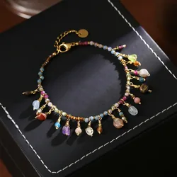 Bohemian Natural Tourmaline Tassel Bracelet Women Hand Woven Adjustable Rope Colorful Gem Stackable Wrist Jewelry Gift