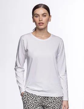 Punto - Camiseta homewear de mujer de algodón elástico de manga larga - Punto Blanco - FashionsVida