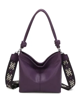 Women's Velora PU Leather Shoulder Hobo Bag with Braided & Canvas Strap in Purple - Purple - Size: One Size - Fontanella Fashion - FashionsVida