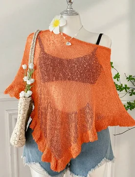 Poncho de verano talla grande, cuello asimétrico de ganchillo casual con volantes en el bajo, semitransparente, color naranja 0XL - Shein - FashionsVida