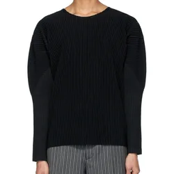 MIYAKE pleated classic long-sleeved T-shirt, loose shoulder round-neck casual base layer shirt for men, trendy style
