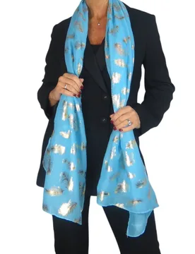 Women's Gold Feather Print Soft Voile Lightweight Oversized Scarf in Turquoise - Turquoise - Size: One Size - Paulo Due - FashionsVida