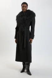 Women's Wool Blend Mongolian Collar Belted Full Midi Coat in Black Size: 8 - Black - Size: 8