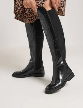 Women's Knee High Faux Leather Croc Boots In Extra Wide EEE Fit in Black Size: 4EEE - Black - Size: 4EEE - Yours - FashionsVida