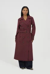 Women's Double-Breasted Longline Trench Coat in Burgundy Size: 14 - Burgundy - Size: 14