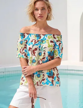 Women's Floral Print Bardot Top in Turquoise Size: 18 - Turquoise - Size: 18 - Roman - FashionsVida