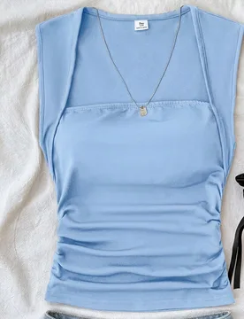 Camisetas de verano para adolescentes, top de tirantes con fruncido lateral en color liso 14Y - Shein - FashionsVida