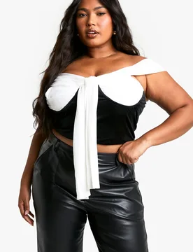 Womens Plus Mesh And Velvet Tie Front Bardot Corset Top - Black - Size 20 Uk - Boohoo - FashionsVida