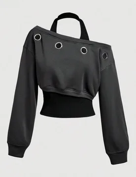 Sudadera de cuello halter para mujer con diseño de ojales 2 en 1, estilo streetwear de moda años 2000 Y2K y 90, extravagante y atrevida, gris y negr - Shein - FashionsVida