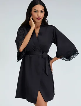 Amelia Satin Lace Trim Robe Black female - Boux Avenue - FashionsVida