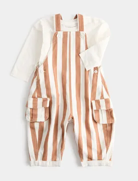 Pc Pure Cotton Striped Dungarees Set (0 Mths-3 Yrs) Brown Mix male - M&S - FashionsVida
