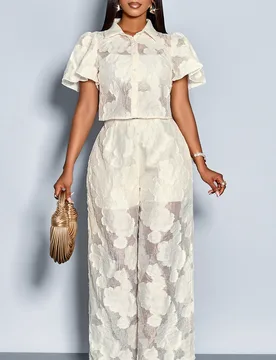 Conjunto casual de 2 piezas de camisa de manga corta con botones delanteros y pantalones de pierna ancha, con estampado floral elegante y romántico p - Shein - FashionsVida