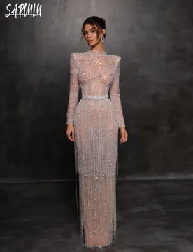Illusion High Neck Evening Dress Shiny Straight Bride Robe Vintage Tassel Long Sleeve Prom Customized Gown Vestidos De Novia - Aliexpress - FashionsVida