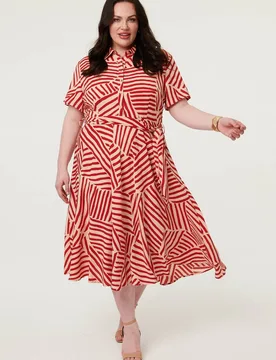 Women's Curve Striped Tie Waist Midi Shirt Dress in Red Size: 22 - Red - Size: 22 - Izabel London - FashionsVida