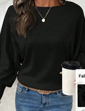 Camiseta de manga larga para mujer, nueva, elegante y casual, de cuello redondo, color negro suave, adecuada para uso diario, brunch y múltiples ocas - Shein - FashionsVida