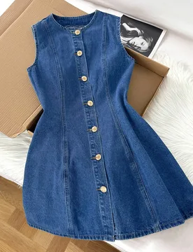 Vestido mini ajustado de mezclilla sin mangas y casual, azul L - Shein - FashionsVida