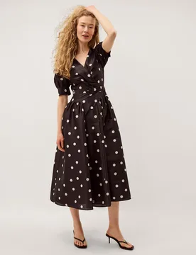 Polka Dot V-Neck Belted Midi Tea Dress Black Mix female - Monsoon - FashionsVida