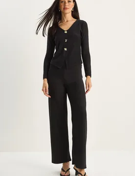 Womens V-Neck Knitted Wide Leg Two-Piece Set - Black - Size Small - Bianco Lucci - FashionsVida