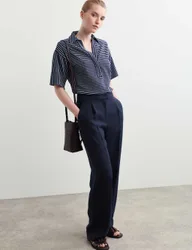 Textured Straight Leg Trousers Navy female