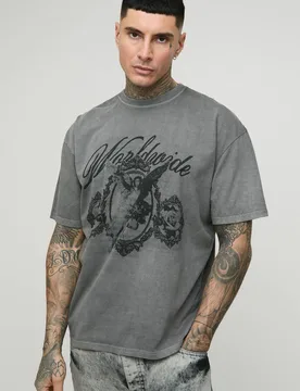 Herren Tall Oversized Renaissance-Print Washed T-Shirt Charcoal Größe Large - boohooMAN - FashionsVida