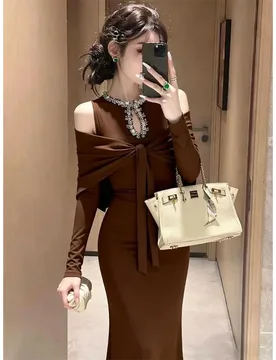 Elegant and Charismatic Long Off-the-shoulder Coffee-colored Dress Exuding A High-end Temperament Dress - Aliexpress - FashionsVida