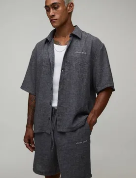 Herren Gestricktes Hemd & Shorts Set In Leinenoptik Mit Stickerei - Übergroße Passform Charcoal Größe XS - boohooMAN - FashionsVida