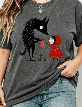 Camiseta de Caperucita Roja y el Lobo Feroz de talla grande para mujer - Ajuste oversize de manga corta con estampado gráfico en gris oscuro, camiset - Shein - FashionsVida