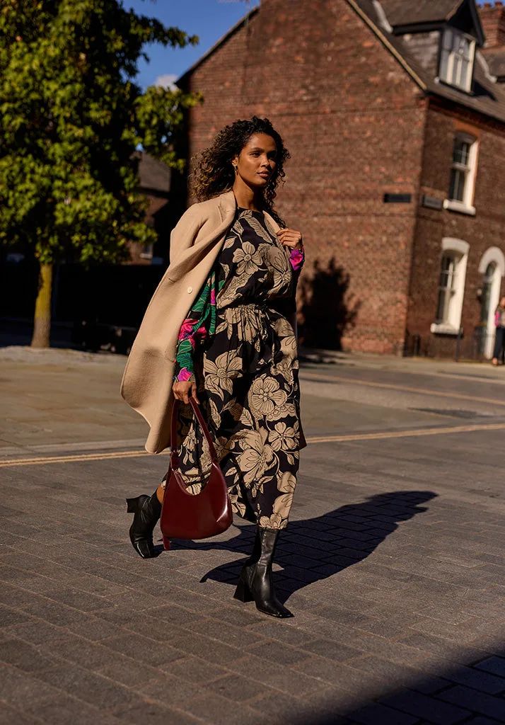 Celeste Gathered Waist Floral Printed Midi Dress In Multi - 8 - Lily and Lionel London Limited - FashionsVida