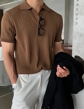 Summer New Men's Ice Silk Lapel Solid Polo Short Sleeve Thin Fashion V-neck Striped Men's Knit Short Sleeve T-shirt Top - Aliexpress - FashionsVida