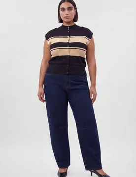 Womens Plus Size Stripe Viscose Blend High Neck Knitted Tank Top - Black - Karen millen - FashionsVida