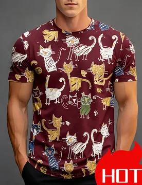 Men Doodle Cats All Over Print T-Shirt Cute Cartoon Animal O-Neck Short Sleeve Casual Tee Summer Hot Selling Fashionable Top - Aliexpress - FashionsVida