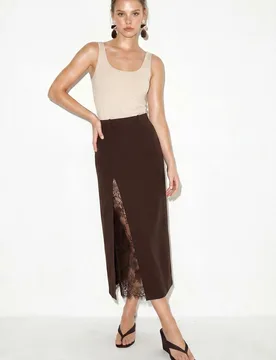 Womens High-Waist Lace Midi Pencil Skirt - Brown - Size Medium - Bianco Lucci - FashionsVida