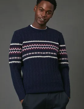 Mens Navy Cable Christmas Jumper Cotton - Size X-Large - Maine - FashionsVida