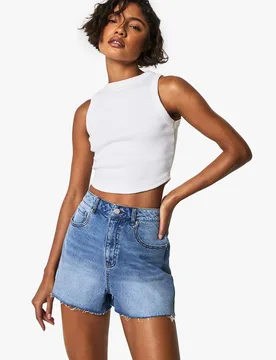 Womens Tall Denim Mini Short - Blue Cotton - Size 12 Uk - Boohoo - FashionsVida