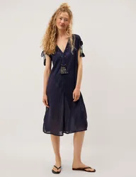 Cotton Rich Striped Midi Kaftan Dress Navy female