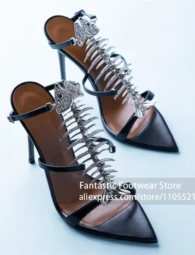 Rhinestone Fishbone Skeleton Decor Pointed Toe High Heels T-strap Vamp Structure Stiletto Heel Sandals Luxury Sexy Glam Sandals - Aliexpress - FashionsVida