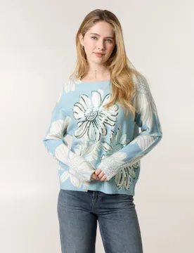 Large Flower Embellished Jumper - M/L / BLUE - female - Blue Vanilla - FashionsVida