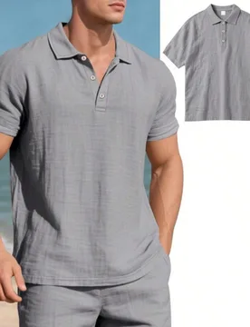 Camisa polo de lino gris para hombre con cuello Henley, manga corta, cuello en V con botones, estilo casual, top para vacaciones de verano en la playa - Shein - FashionsVida