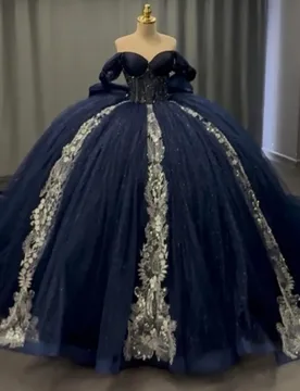 Navy Blue Shiny Quinceanera Dresses Ball Gown Off The Shoulder Applique Lace Beads Bow Tull Corset Sweet 16 Dress Vestidos De 15 - Aliexpress - FashionsVida
