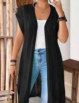 Cárdigan largo sin mangas de talla grande para mujer, estilo casual y hueco, liviano y estilizante, adecuado para vacaciones, ir al trabajo, Día de - Shein - FashionsVida
