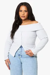 Womens Plus Button Down Bardot Rib Top - Grey Cotton - Size 20 Uk