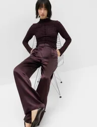 Satin Pleated Wide Leg Trousers Dark Aubergine female