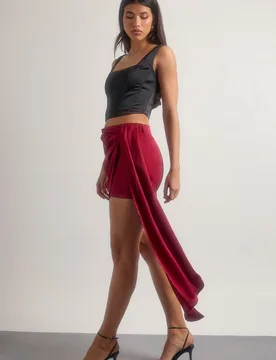Womens Satin Draped Mini Skirt - Wine - Size 12 Uk - Boohoo - FashionsVida