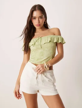 Womens Yokai Retro Paisley Print Bardot Top In Lime - Green - Size Small - Motel - FashionsVida