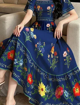 Vestido de moda con estampado floral de plantas, cuello cuadrado, diseño de mangas volantes grandes y mangas cortas, vestido midi de verano con cintu - Shein - FashionsVida