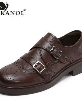 DRKANOL Luxury Design Genuine Cow Leather Loafers Women Flats Heel Slip On Casual Shoes Carved Brogue Round Toe Single Shoes - Aliexpress - FashionsVida